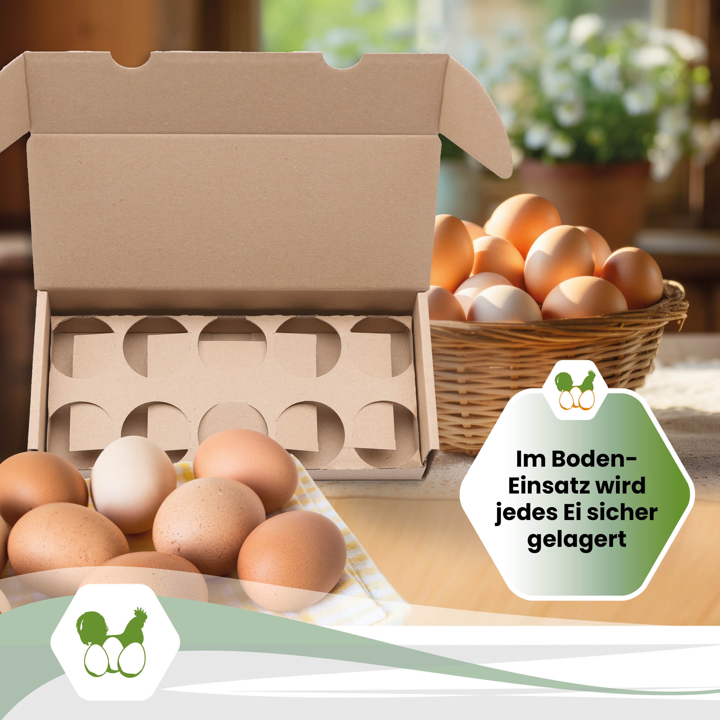 EckPack 10er Eierschachtel, mit Direktdruck "Im Boden-Einsatz wird jedes Ei sicher gelagert"