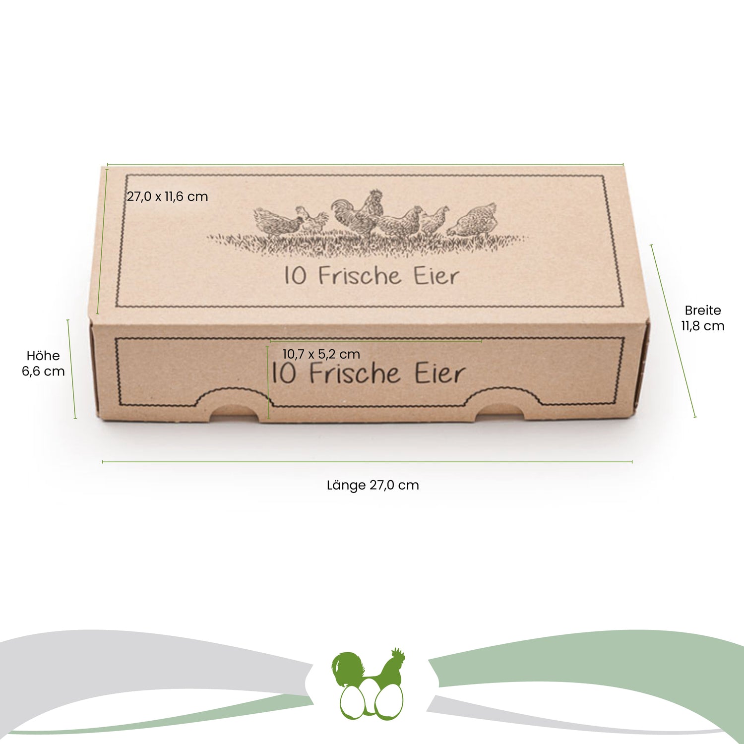 10er EckPack mit Aufdruck Maße: "Breite 11,8 cm x Länge 27,0 cm x Höhe 6,6 cm" Deckel: "27,0 x 11,6 cm"