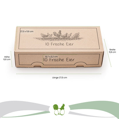 10er EckPack mit Aufdruck Maße: "Breite 11,8 cm x Länge 27,0 cm x Höhe 6,6 cm" Deckel: "27,0 x 11,6 cm"