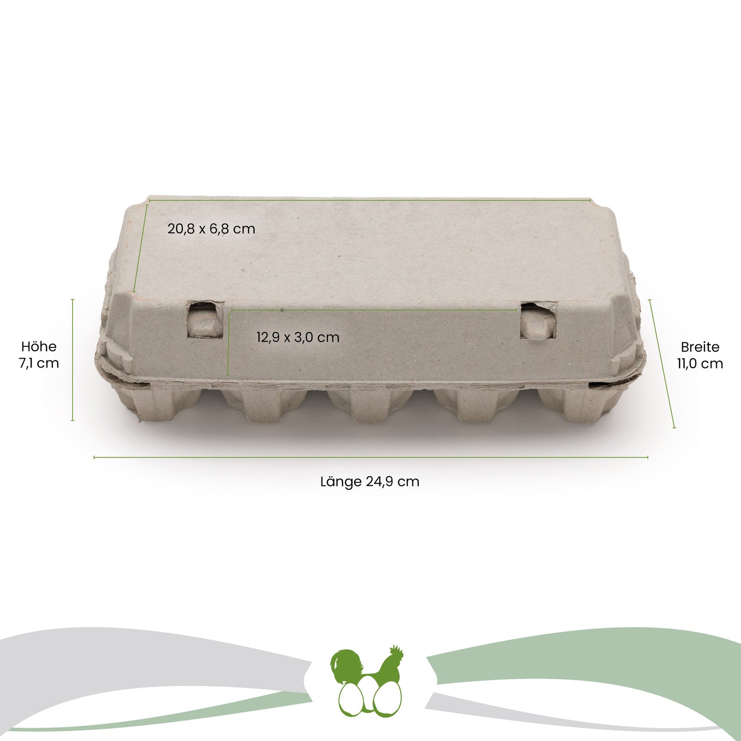 EcoPack 10er Eierschachtel Maße: "Breite 11,0 cm x Länge 24,9 cm x 7,1 cm" Deckel: "20,8 x 6,8 cm" Lasche: "12,9 x 3,0 cm"