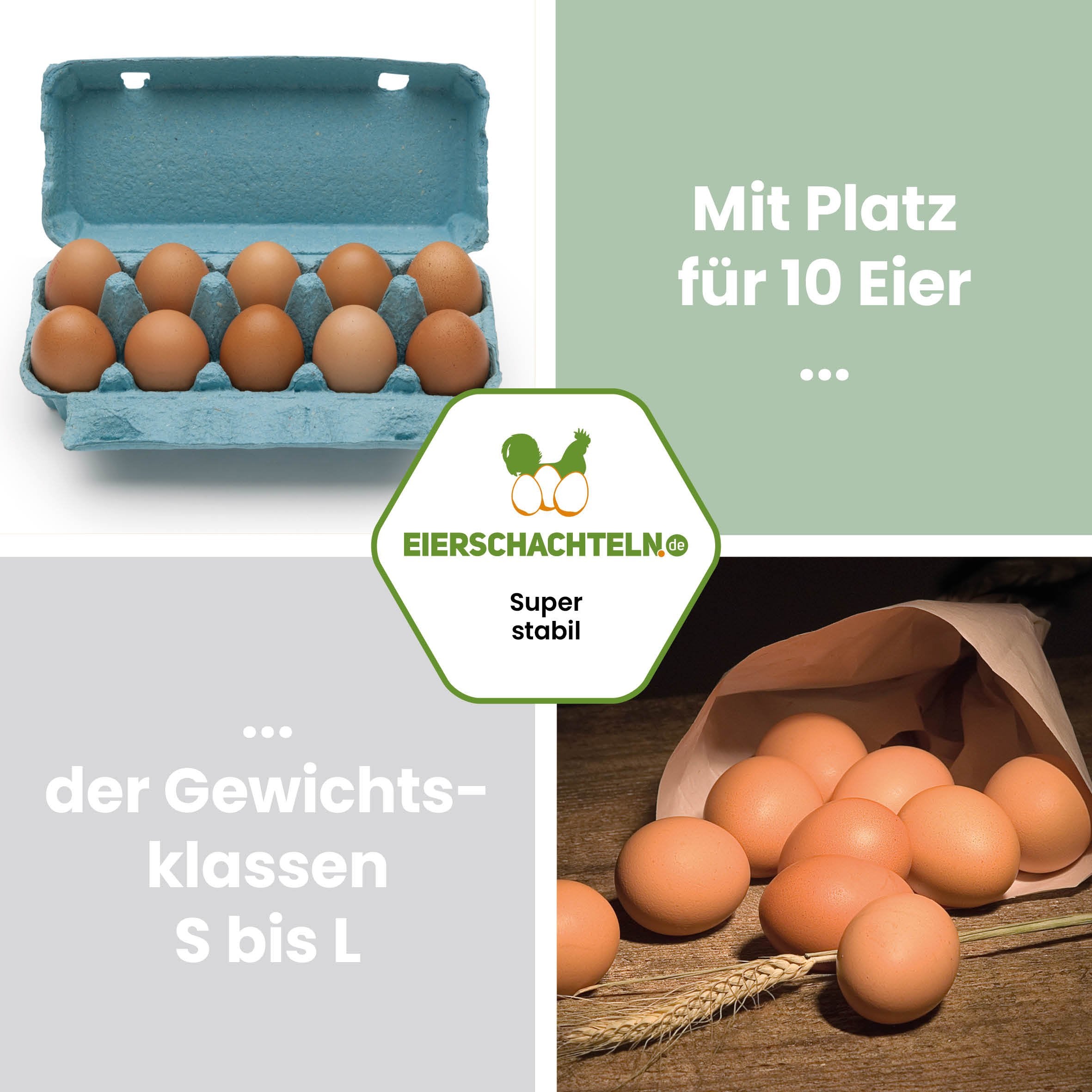EcoPack 10er ohne Etikett in fünf Farben, blau "Mit Platz für 10 Eier der Gewichtsklassen S bis L"