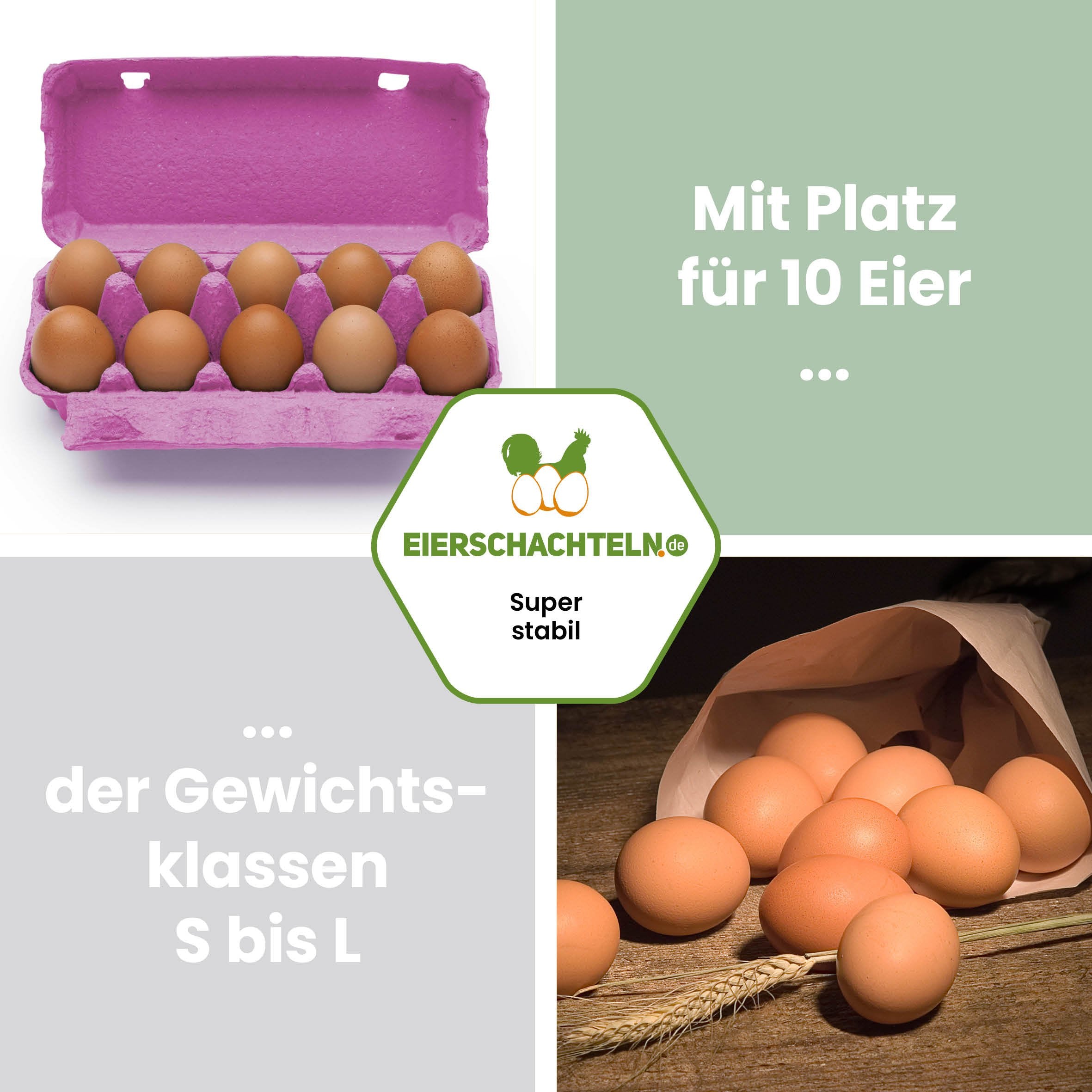 EcoPack 10er ohne Etikett in fünf Farben, pink "Mit Platz für 10 Eier der Gewichtsklassen S bis L"