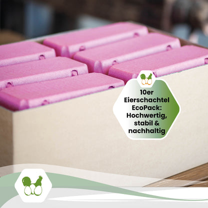 Versandkarton mit mehreren pinken 10er Eierschachteln, beschriftet mit „10er Eierschachtel EcoPack: Hochwertig, stabil &amp; nachhaltig“