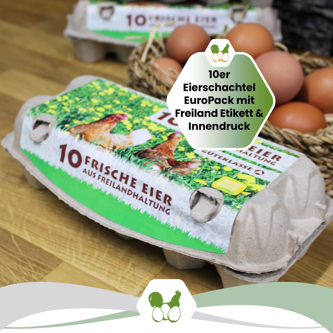 10er EuroPack mit Freiland-Etikett + Innendruck "10er Eierschachtel EuroPack mit Freiland Etikett &amp; Innendruck" 