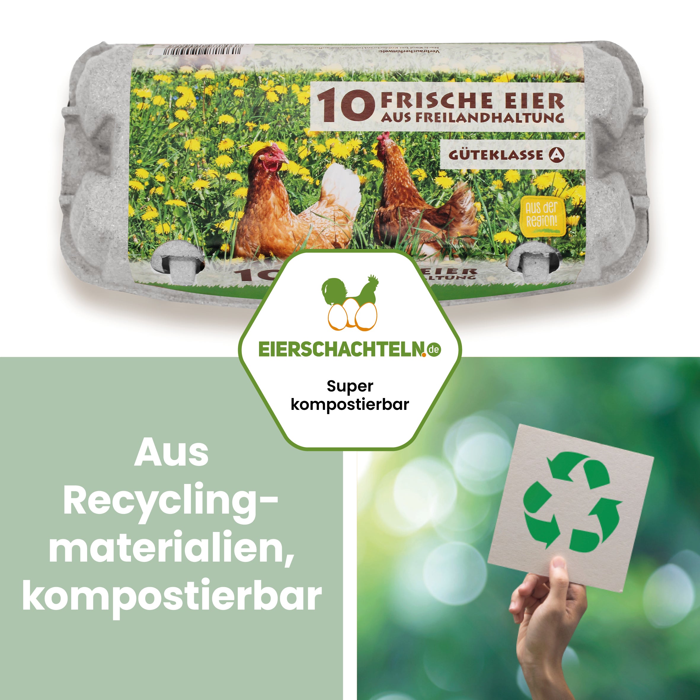 10er EuroPack mit Freiland-Etikett + Innendruck "Aus Recyclingmaterialien, kompostierbar" 