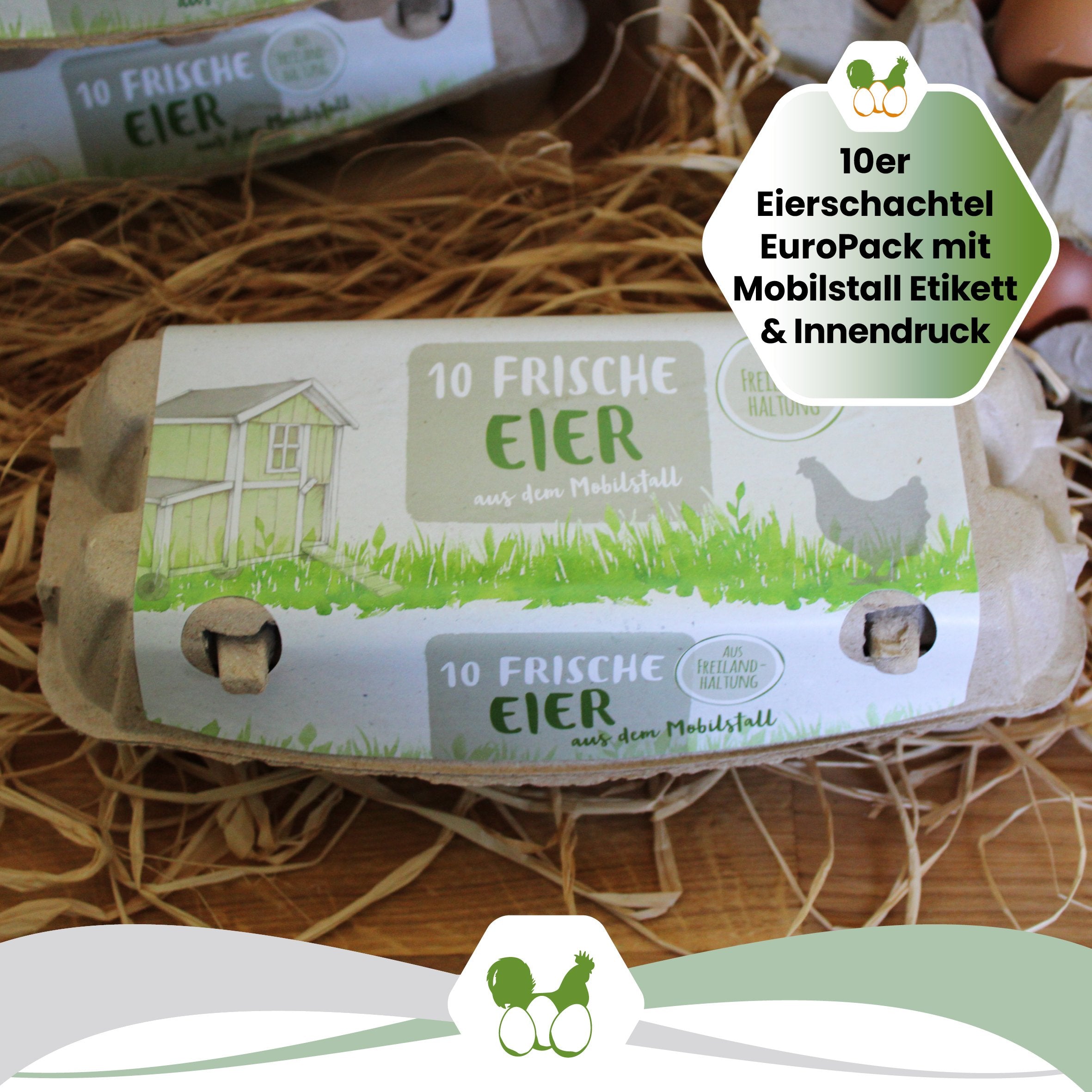 10er EuroPack mit Etikett "10er Eierschachtel EuroPack mit Mobilstall Etikett &amp; Innendruck" 
