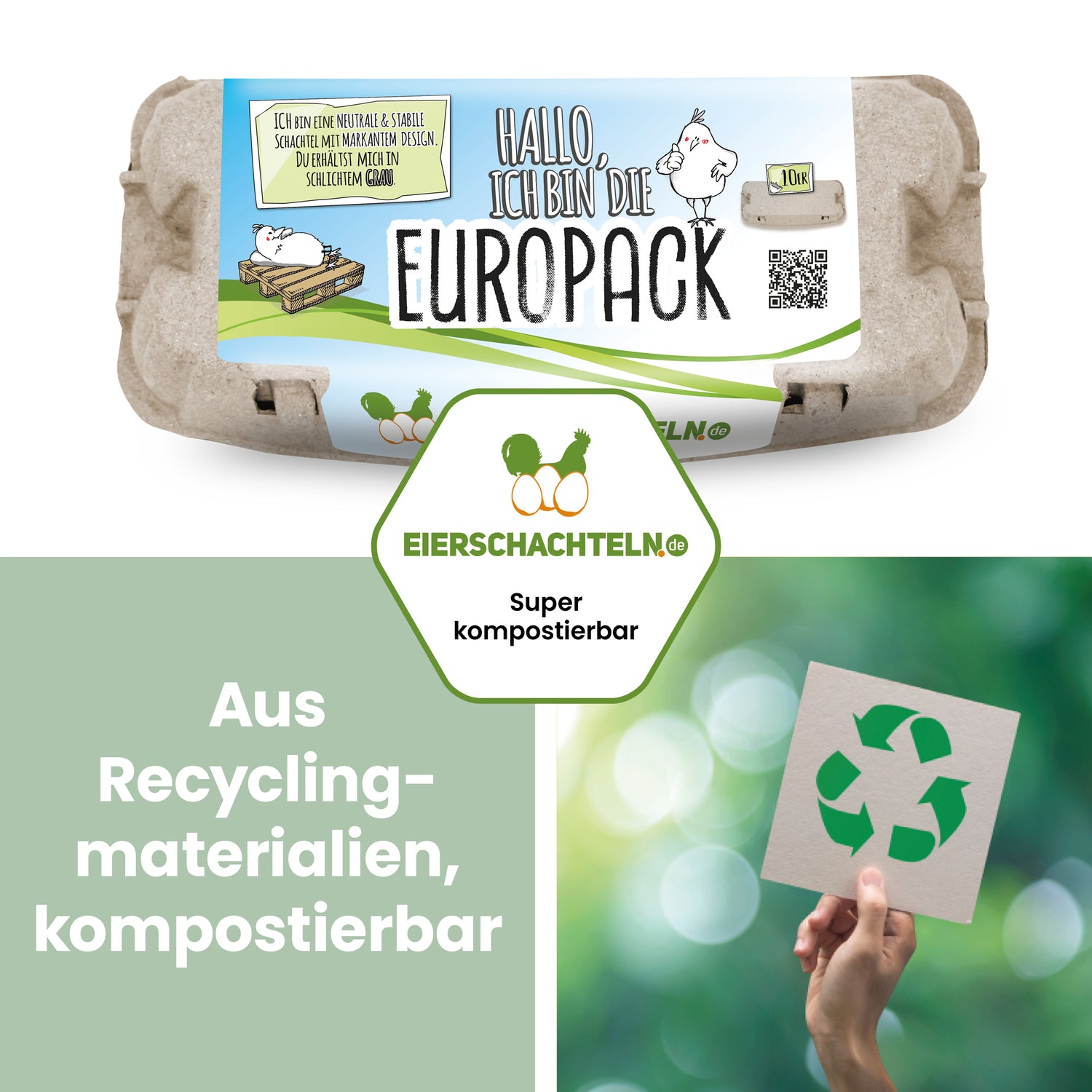 10er EuroPack mit eigenem Etikett "Aus Recyclingmaterialien, kompostierbar"
