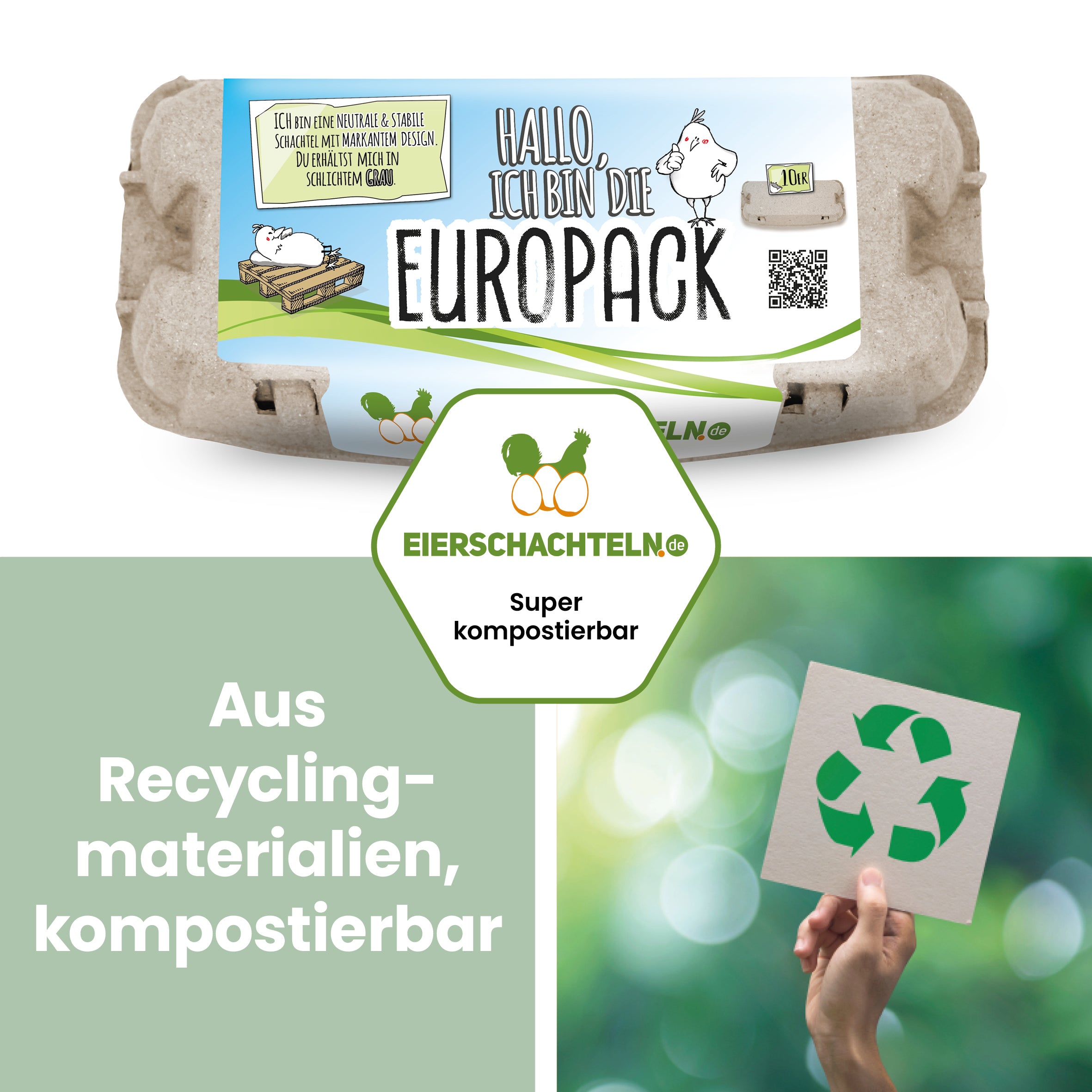 10er EuroPack mit eigenem Etikett "Aus Recyclingmaterialien, kompostierbar"