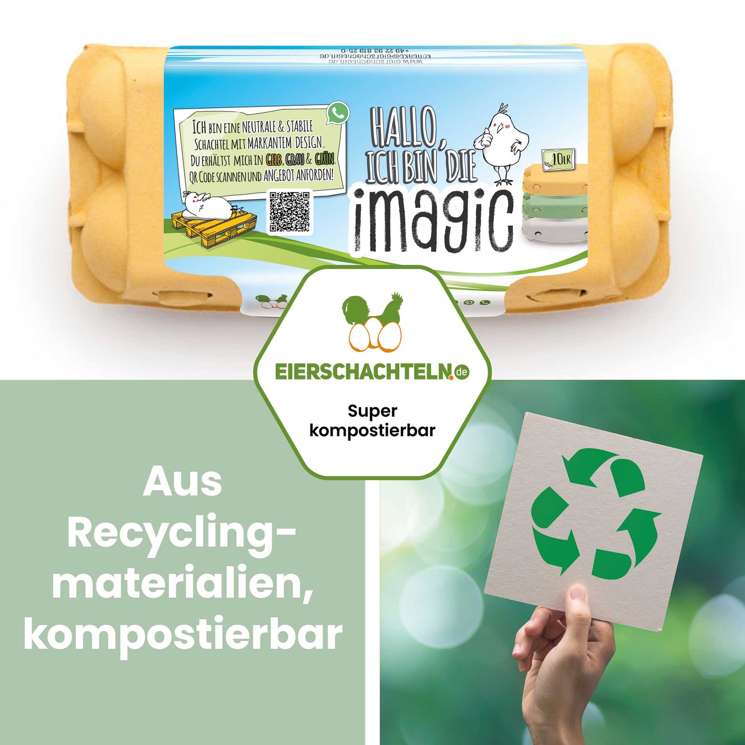 10er imagic Eierschachteln, gelb "Aus Recyclingmaterialien, kompostierbar"