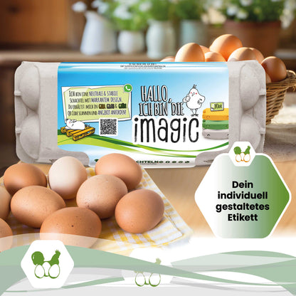 10er imagic Eierschachteln, naturweiß "Dein individuell gestaltetes Etikett"