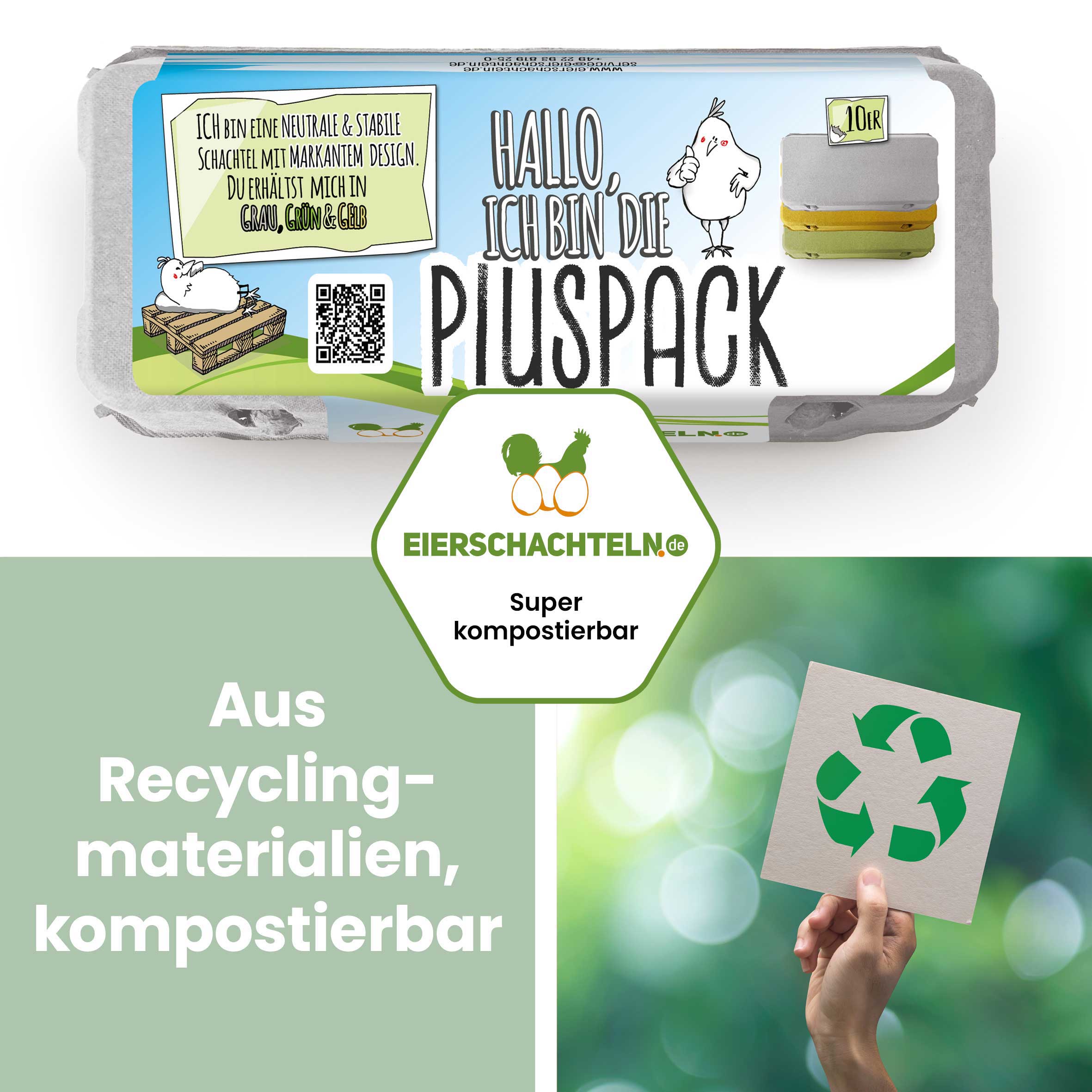 Plus Pack 10er Eierschachteln mit deinem Etikett, grau "Aus Recyclingmaterialien, kompostierbar"