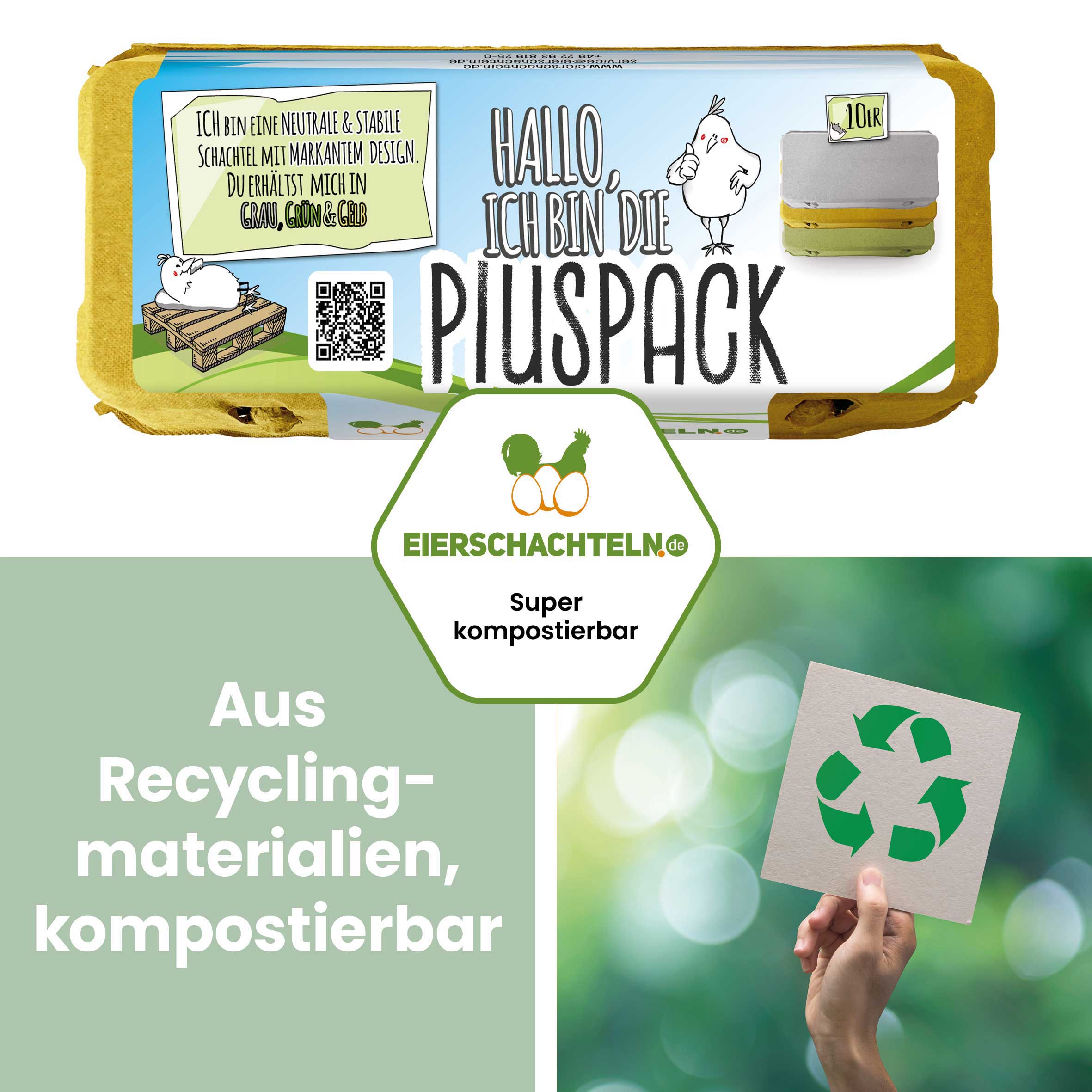 Plus Pack 10er Eierschachteln mit deinem Etikett, gelb "Aus Recyclingmaterialien, kompostierbar"