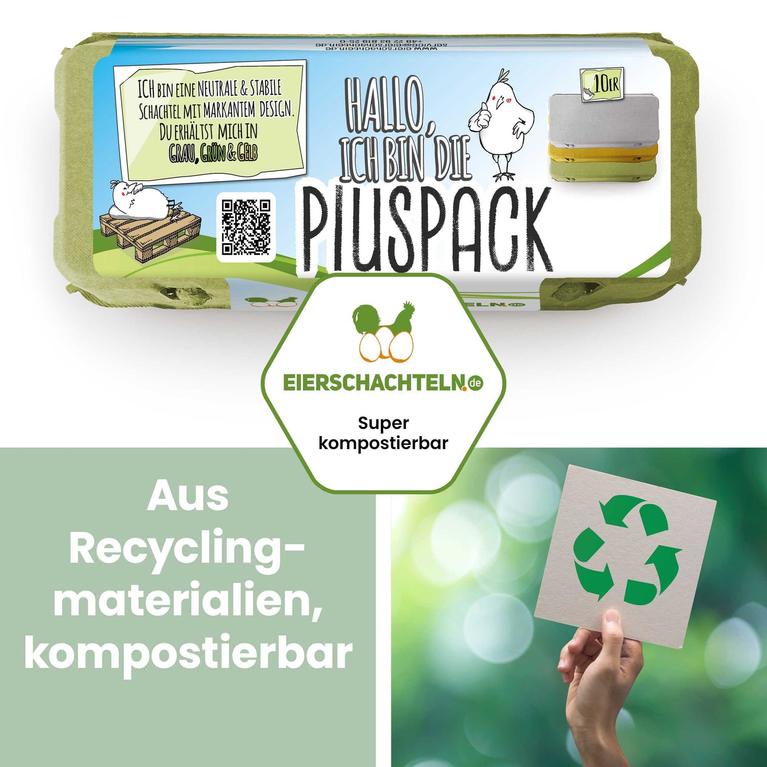Plus Pack 10er Eierschachteln mit deinem Etikett, grün "Aus Recyclingmaterialien, kompostierbar"