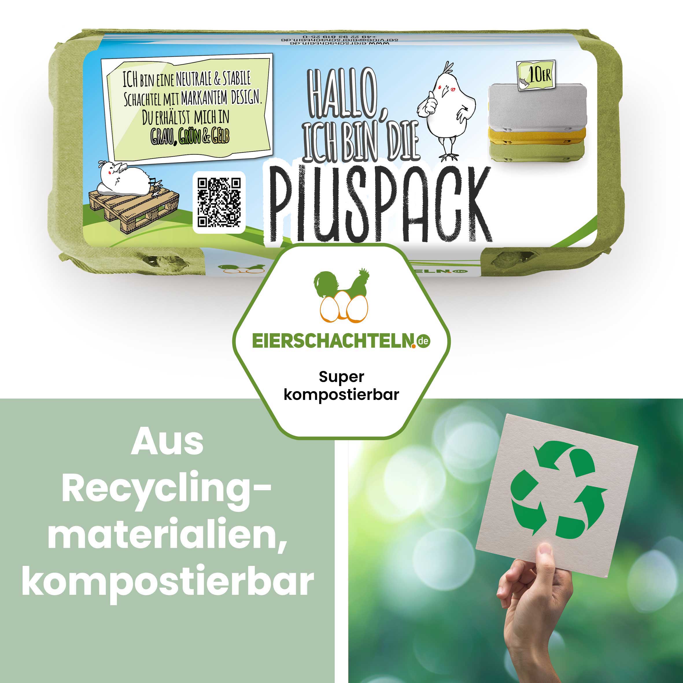Plus Pack 10er Eierschachteln mit deinem Etikett, grün "Aus Recyclingmaterialien, kompostierbar"
