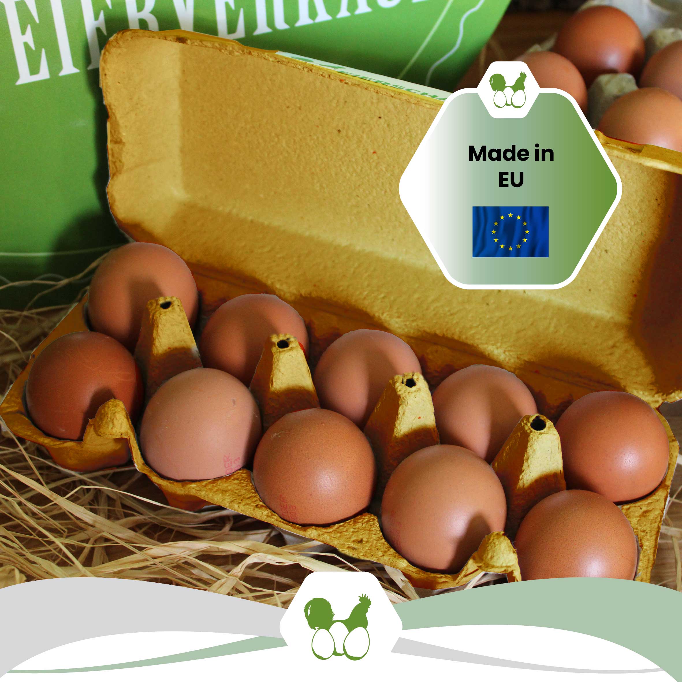 Plus Pack 10er Eierschachteln mit deinem Etikett, gelb "Made in EU"