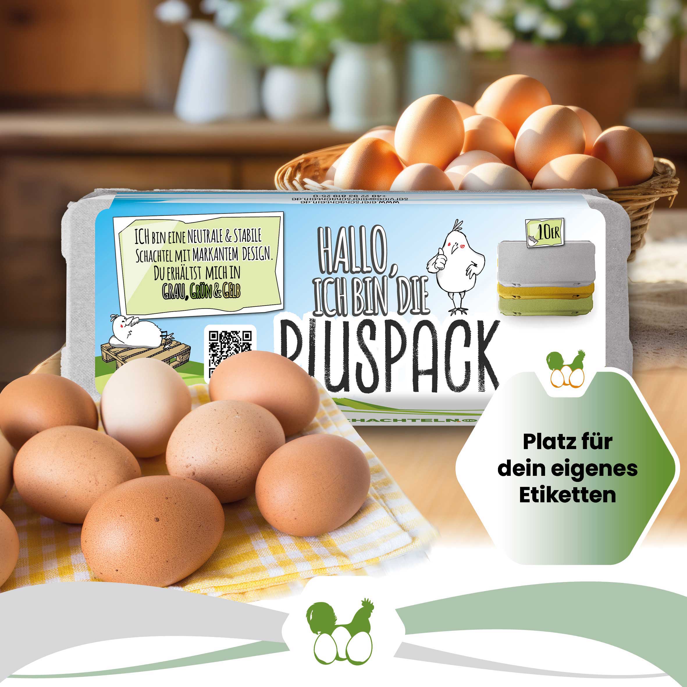 Plus Pack 10er Eierschachteln mit deinem Etikett, grau "Platz für dein eigenes Etikett"
