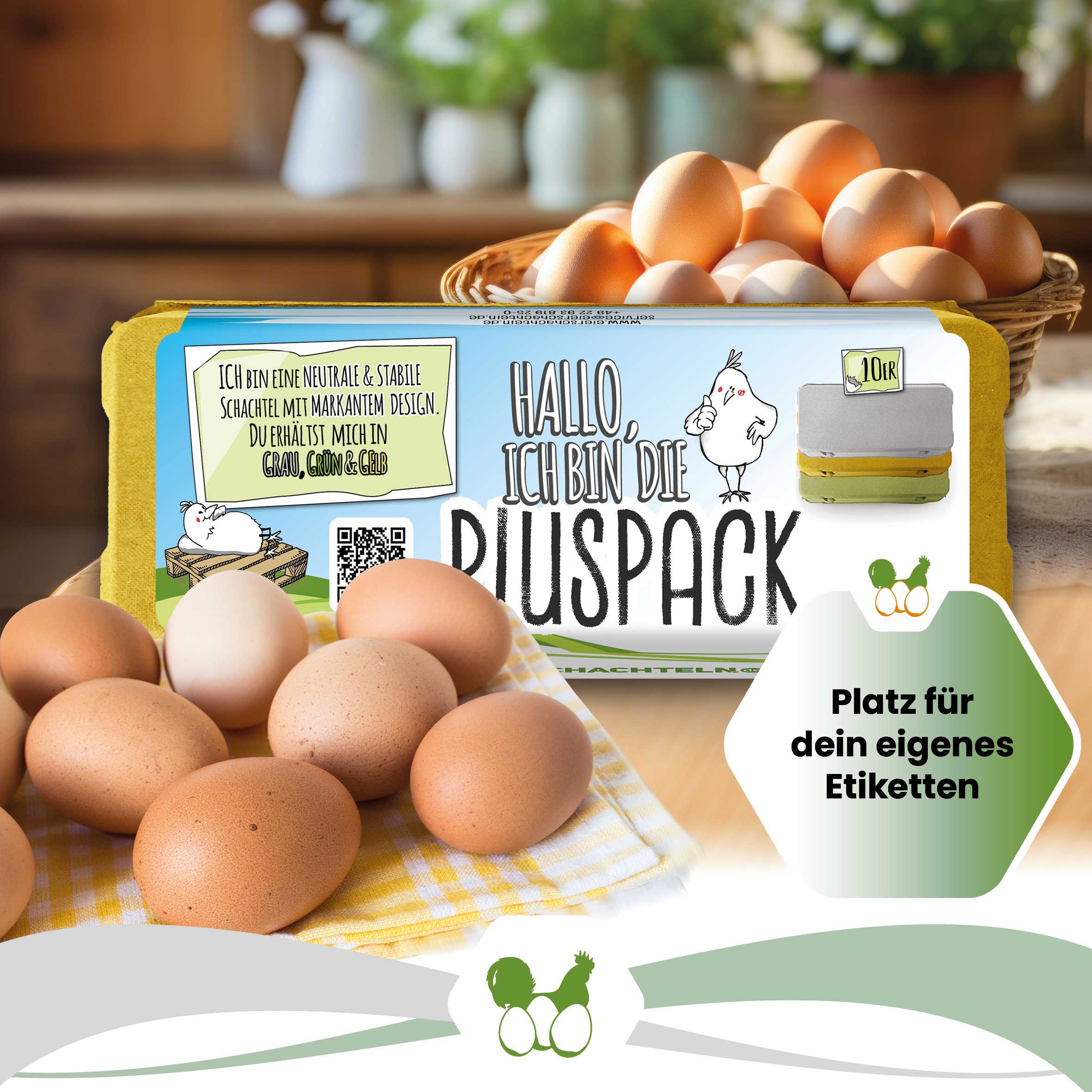 Plus Pack 10er Eierschachteln mit deinem Etikett, gelb "Patz für dein eigenes Etikett"