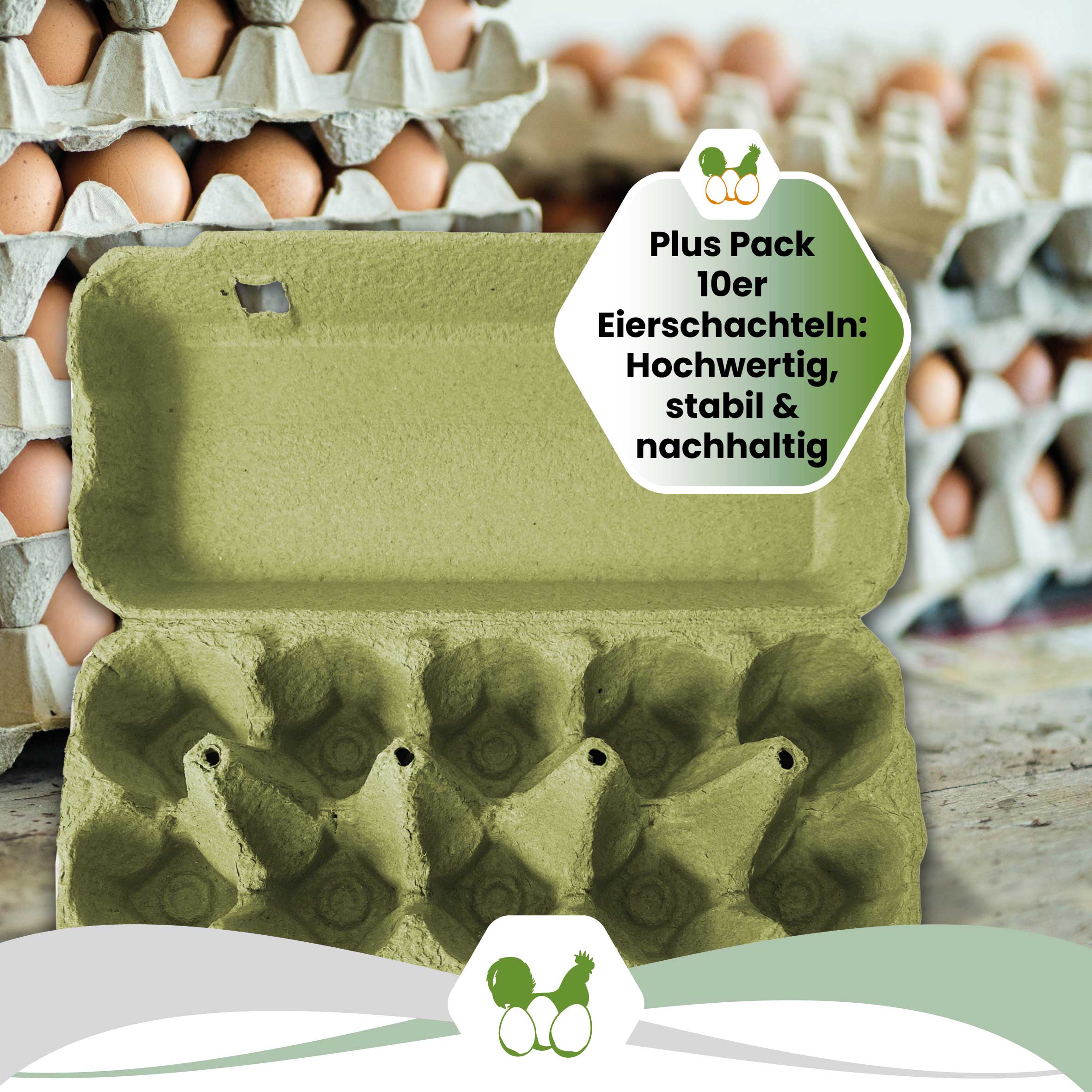 Plus Pack 10er Eierschachteln mit deinem Etikett, grün "Plus Pack 10er Eierschachteln: Hochwertig, stabil &amp; nachhaltig"