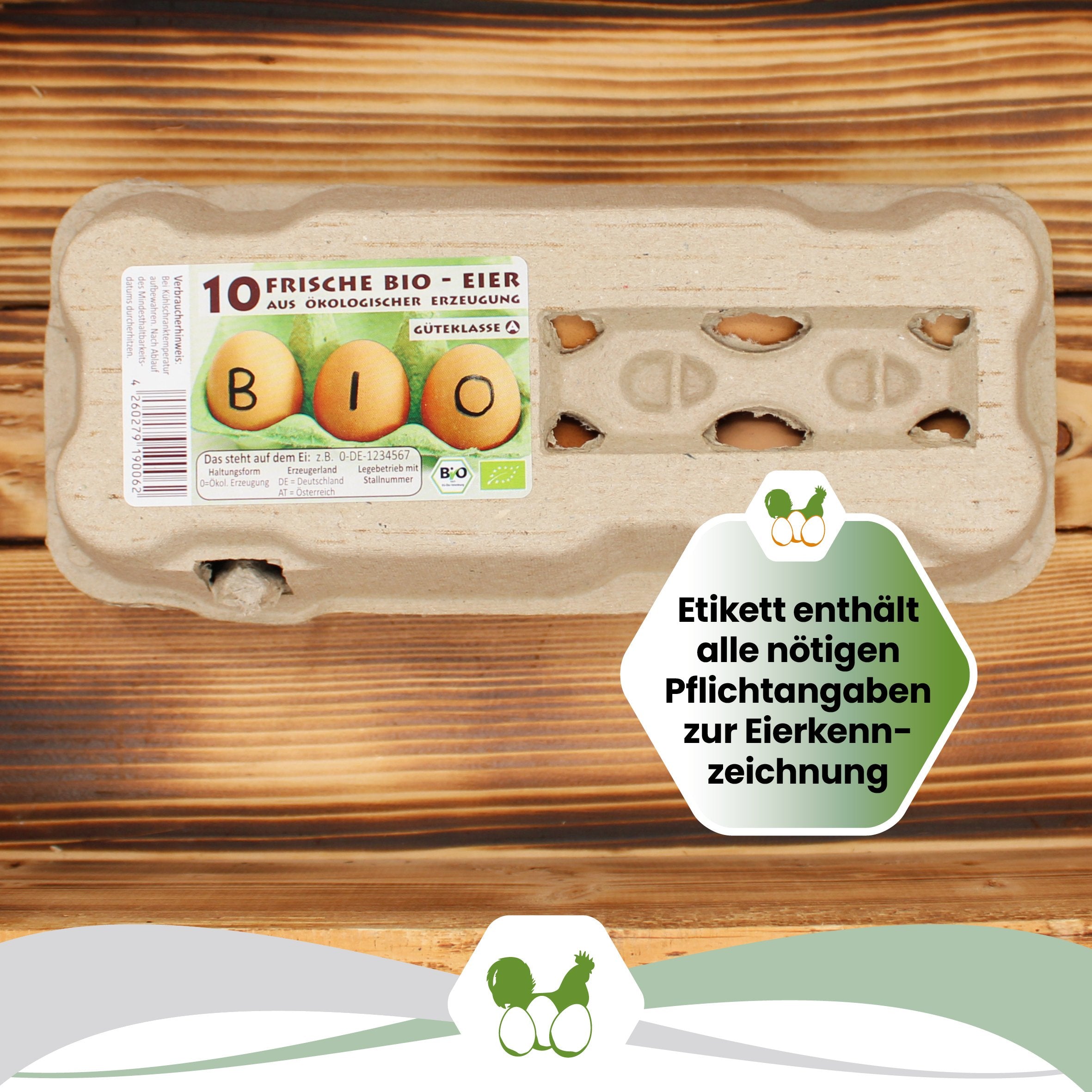 10er Eierschachteln TopView für BIO-Eier "Etikett enthält alle nötigen Pflichtangaben zur Eierkennzeichnung" 