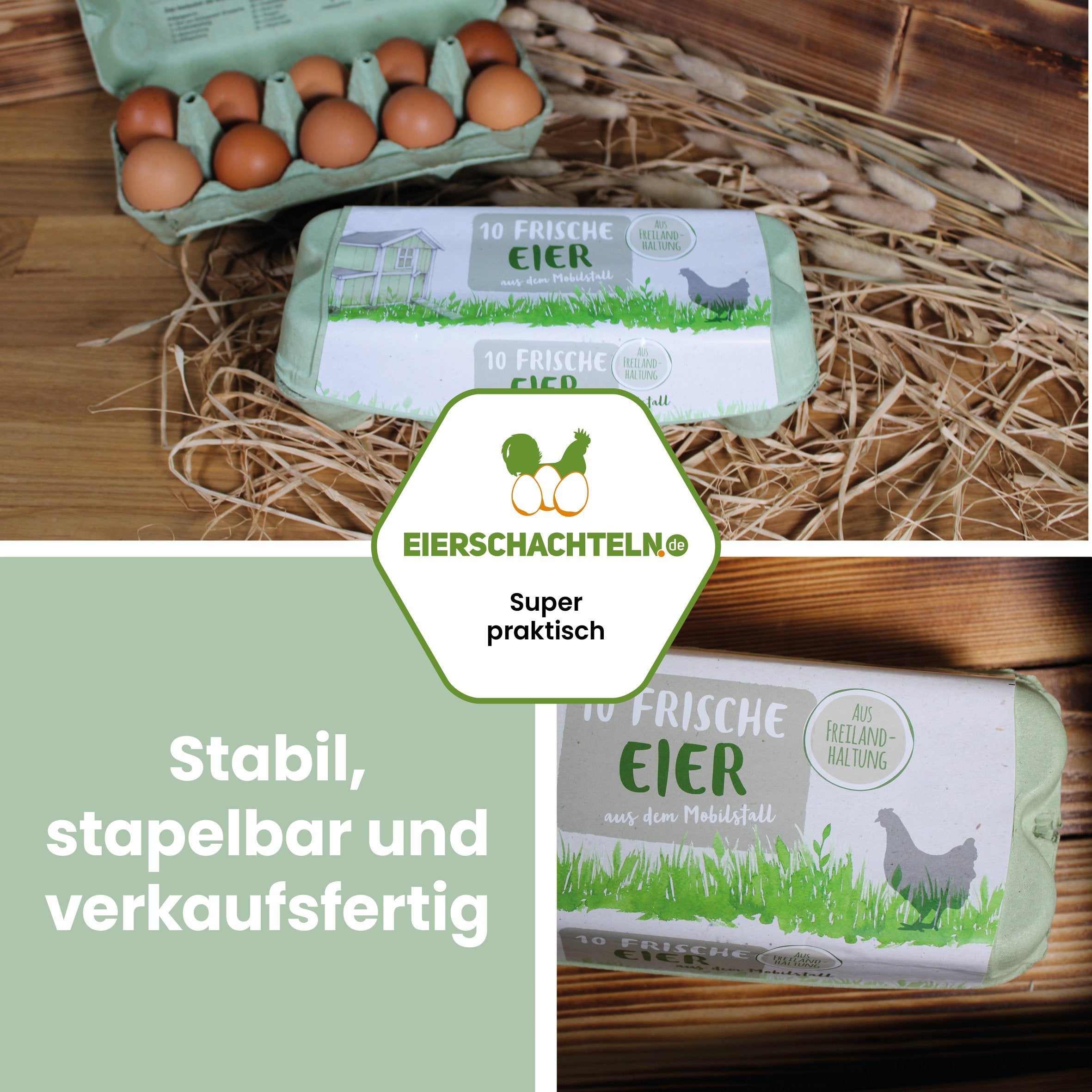 ComPac 10er Eierschachtel mit Etikett Mobilstall-Freilandhaltung "Stabil, stapelbar und verkaufsfertig" 