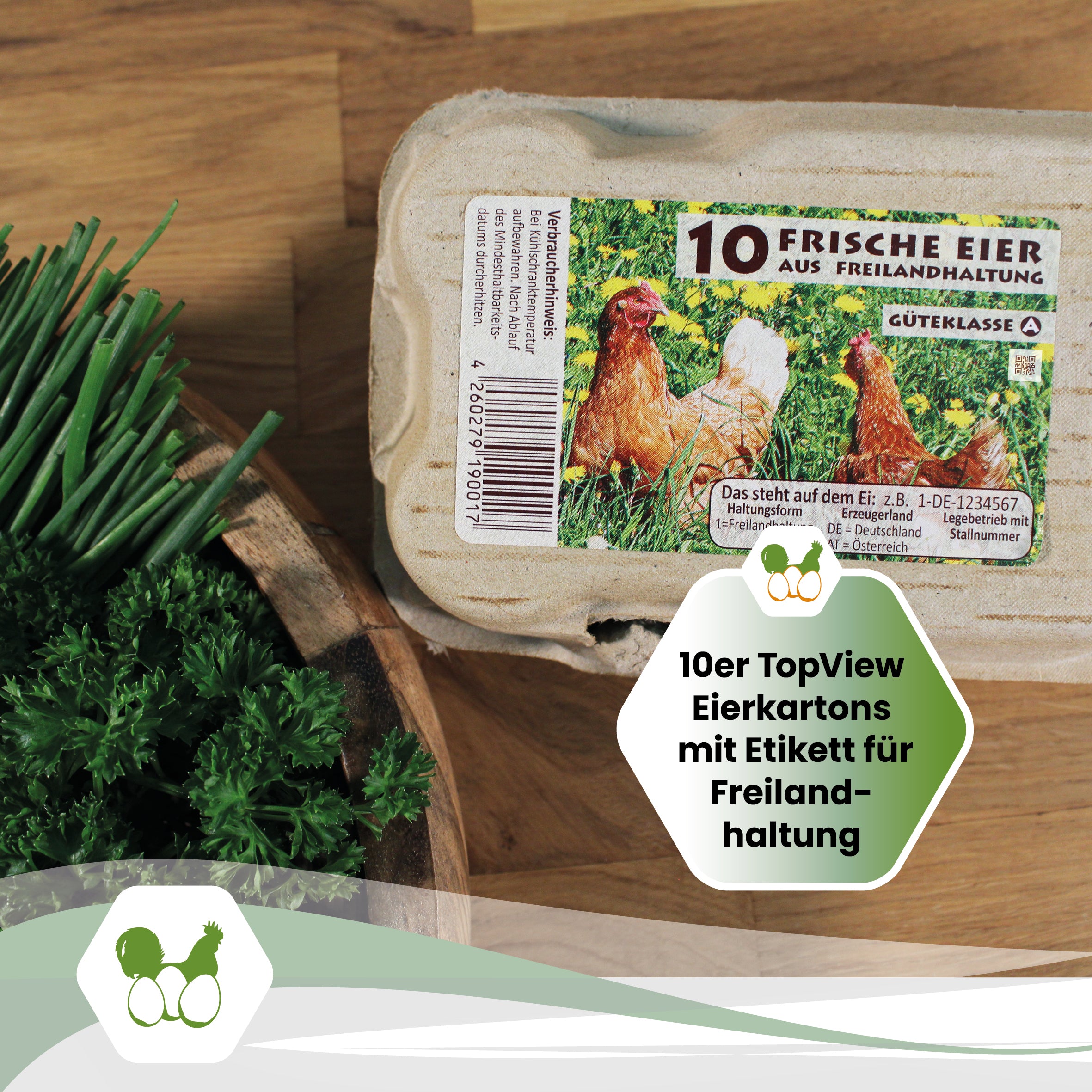 TopView 10er Eierschachteln mit Freiland-Etikett "10er TopView Eierkartons mit Etikett für Freilandhaltung"