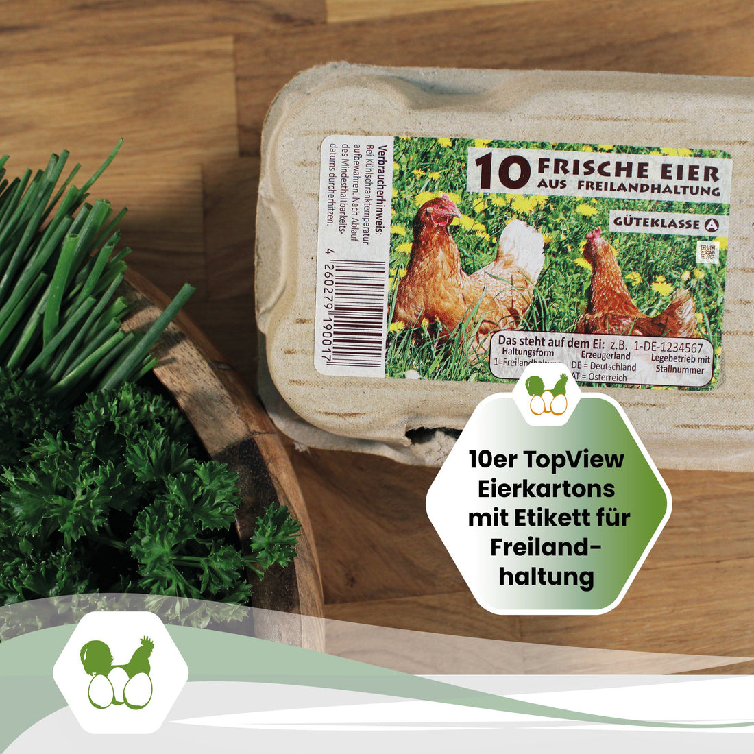10er Eierschachtel TopView mit Etikett für Freilandhaltung "10er TopView Eierkartons mit Etikett für Freilandhaltung" 