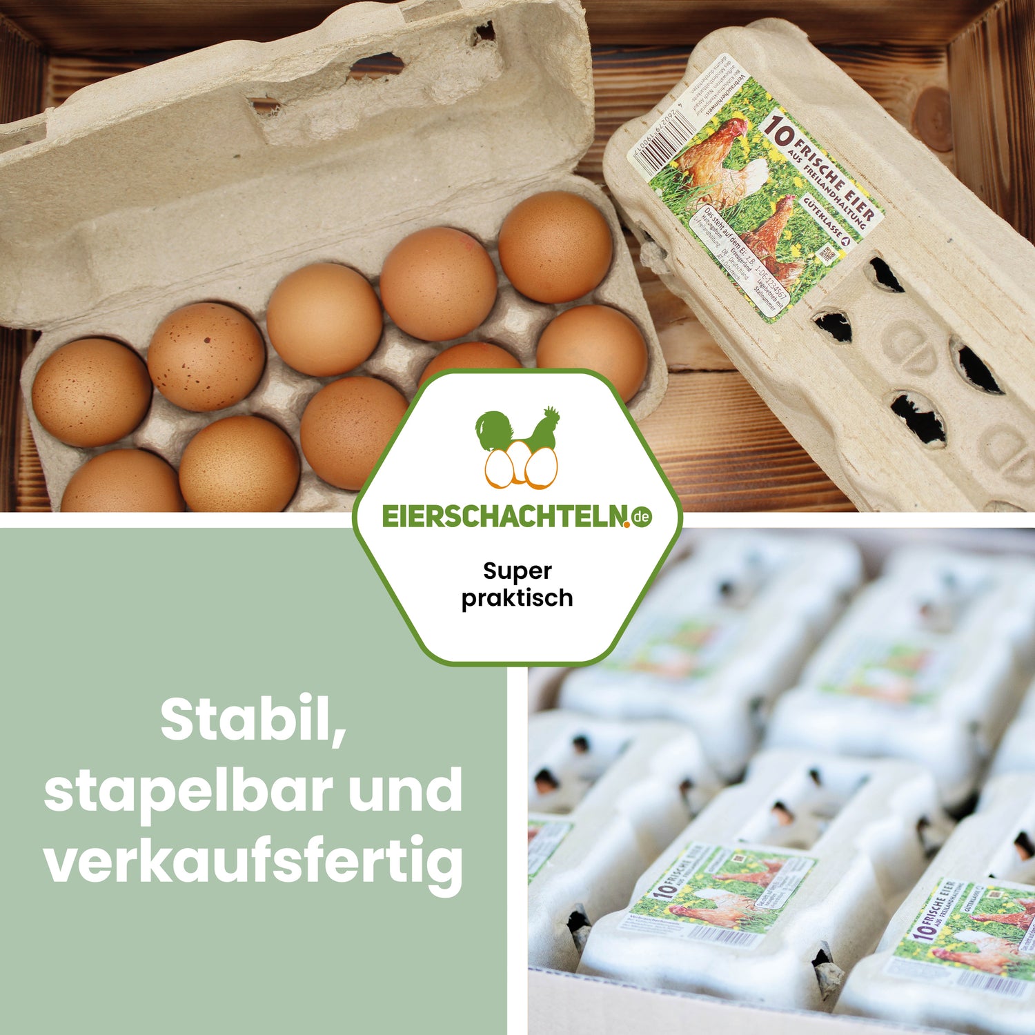 TopView 10er Eierschachteln mit Freiland-Etikett "Stabil, stapelbar und verkaufsfertig" 