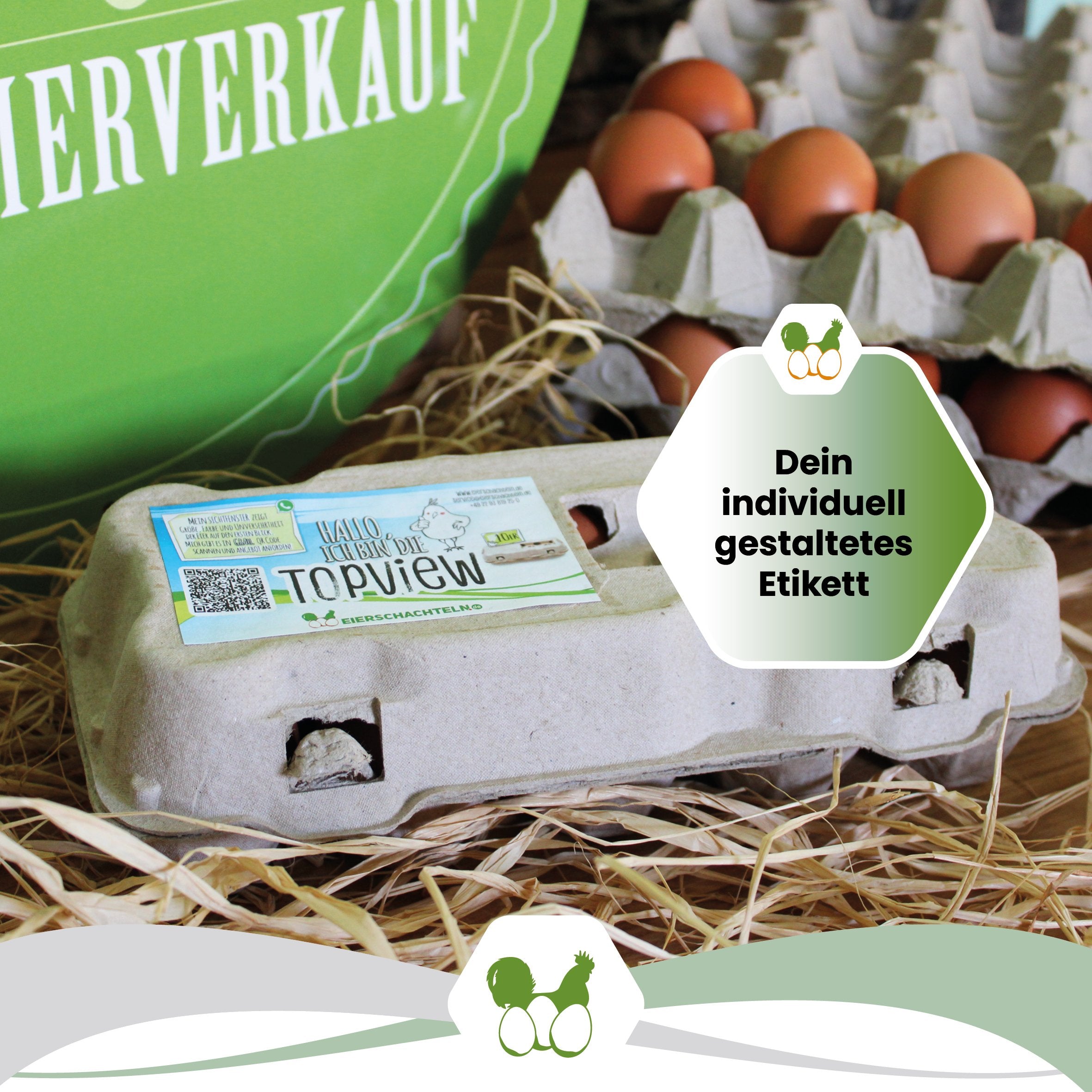 10er Eierschachteln TopView mit eigenem Etikett "Dein individuell gestaltetes Etikett" 
