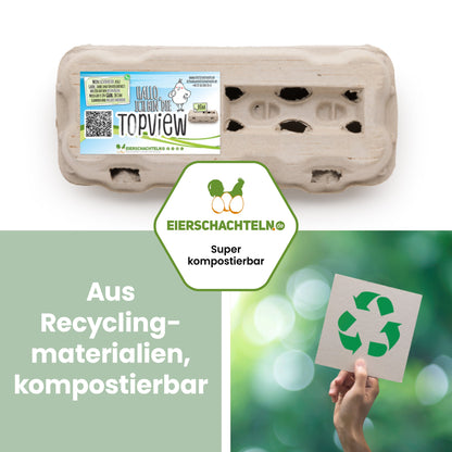 10er Eierschachteln TopView mit eigenem Etikett "Aus Recyclingmaterialien, kompostierbar" 