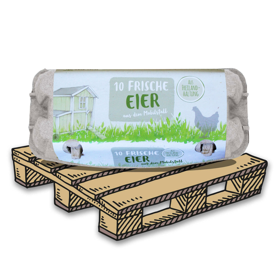 10er EuroPack mit Etikett "Frische Eier aus dem Mobilstall Freilandhaltung", Palette