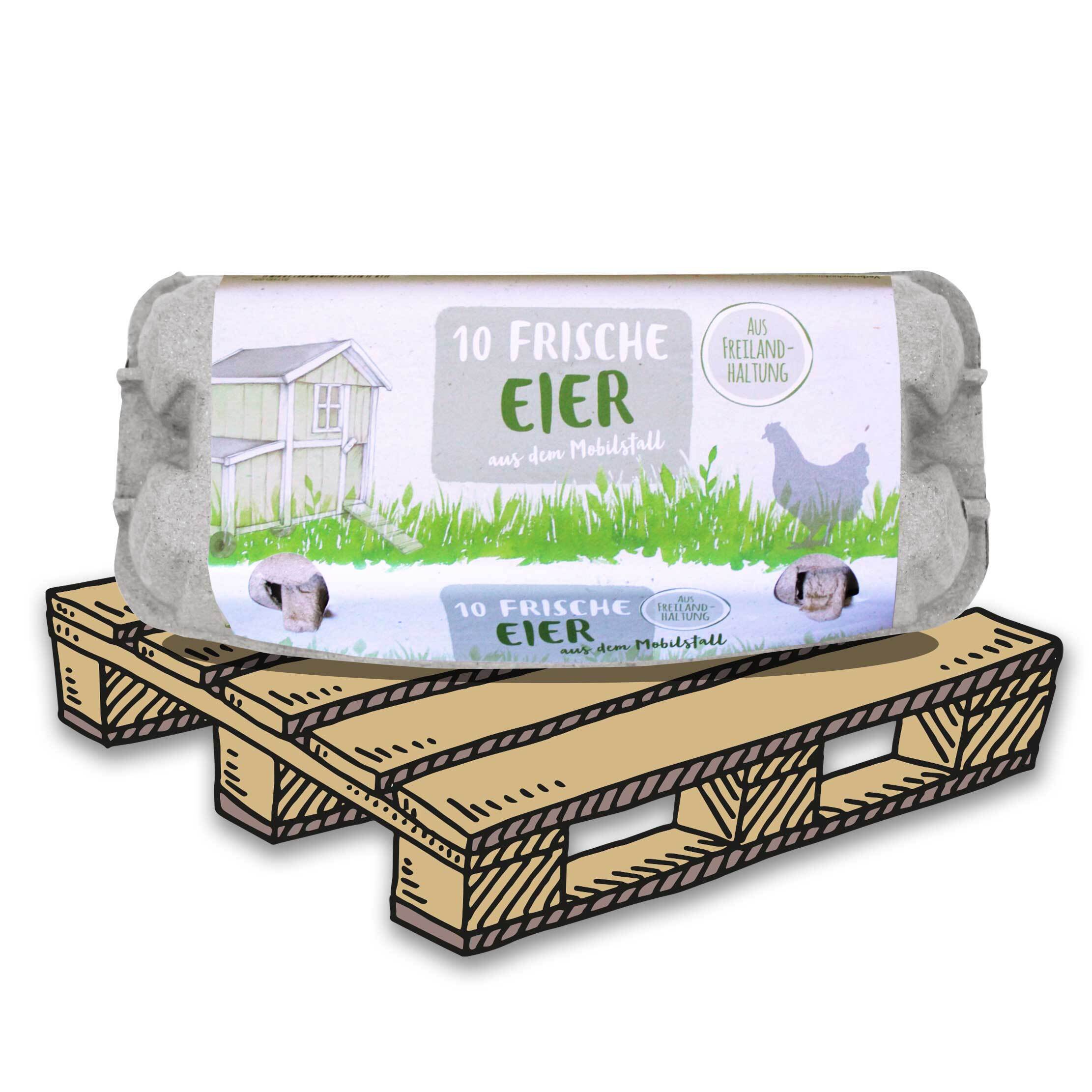 10er EuroPack mit Etikett "Frische Eier aus dem Mobilstall Freilandhaltung", Palette