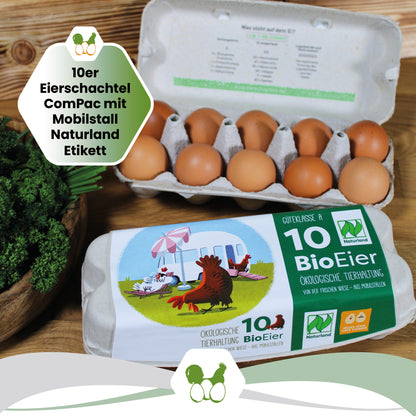 10er ComPac Mobilstalletikett Naturland witziges Motiv "10er Eierschachtel ComPac mit Mobilstall Naturland Etikett"