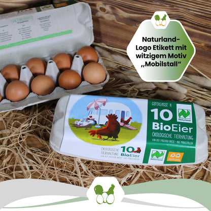 10er ComPac Mobilstalletikett Naturland witziges Motiv "Naturland-Logo Etikett mit witzigem Motiv, Mobilstall"