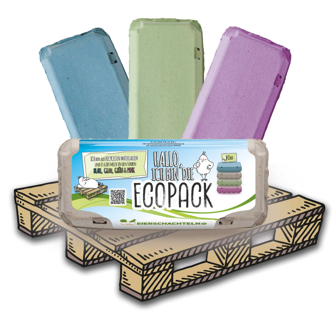EcoPack 10er mit eigenem Etikett Palette mit Fächer vier Farben