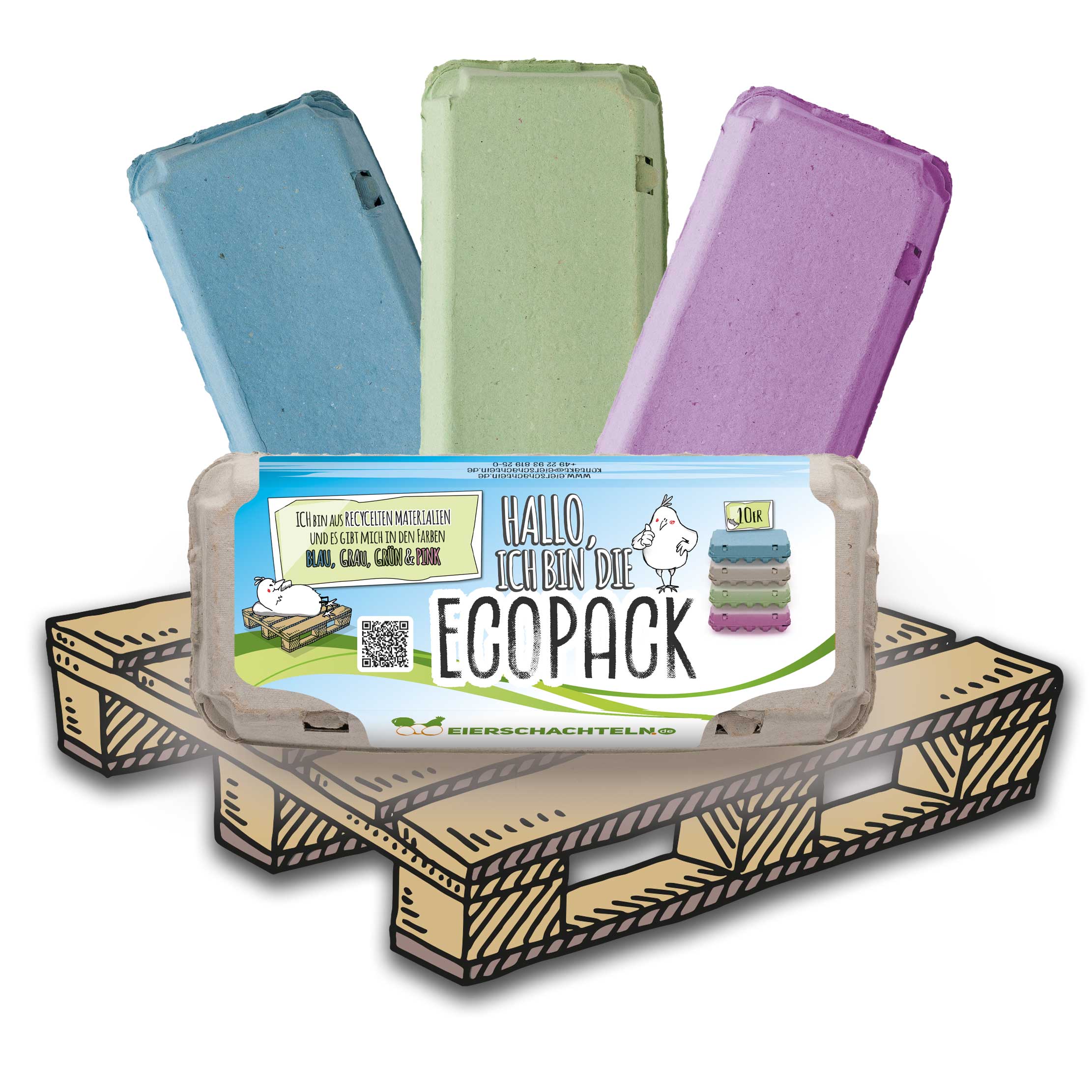 EcoPack 10er mit eigenem Etikett Palette mit Fächer vier Farben