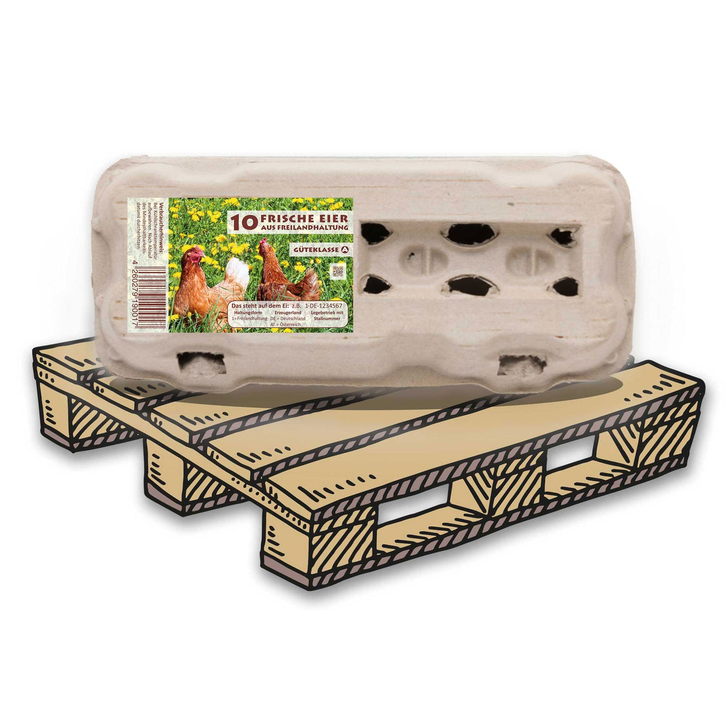 TopView 10er Eierschachteln mit Freiland-Etikett, auf Palette