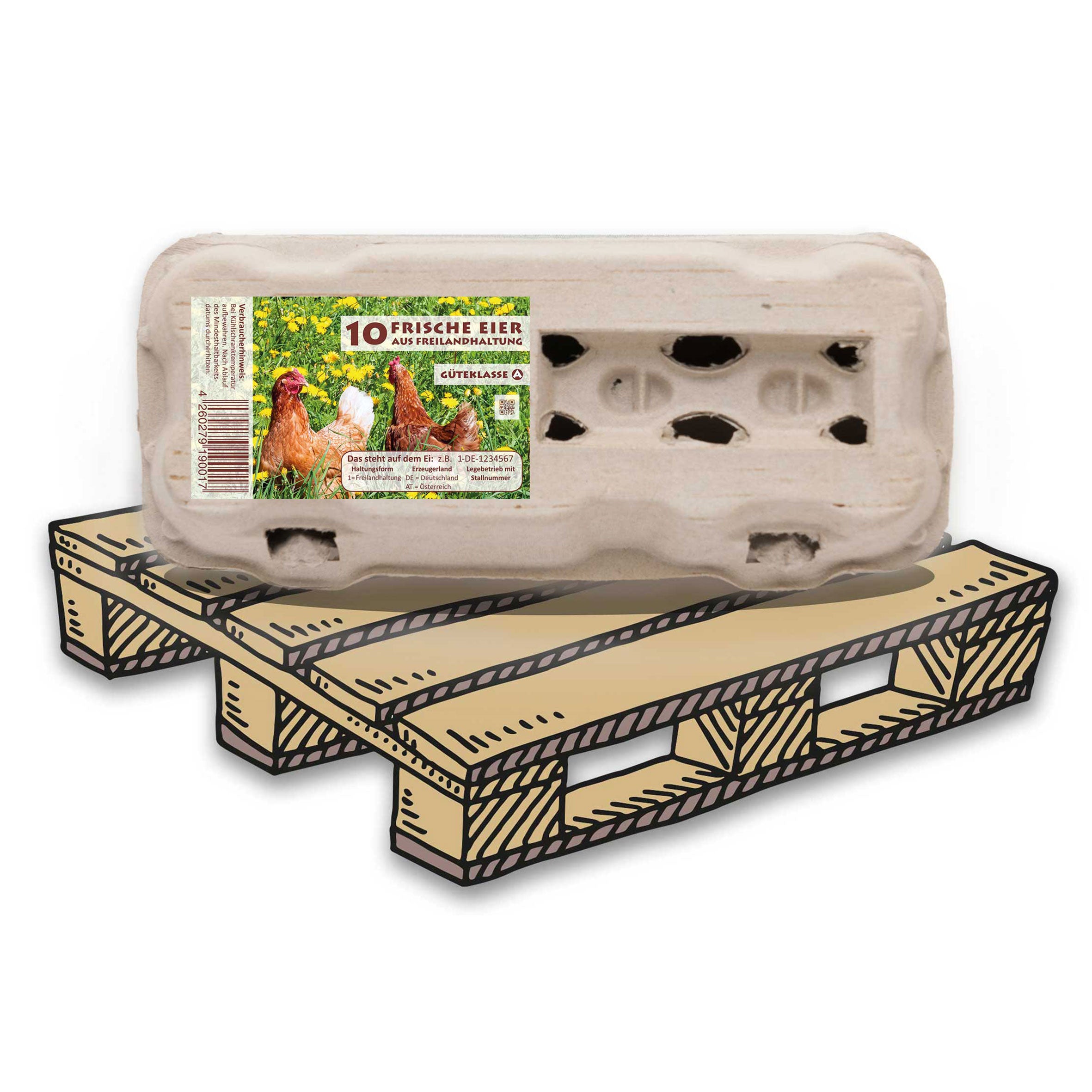 TopView 10er Eierschachteln mit Freiland-Etikett, auf Palette