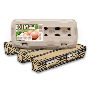 TopView 10er mit Etikett „Frische Eier“, auf Palette