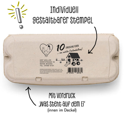 Stempel für Eierschachteln, 10er ComPac "Individuell gestaltbarer Stempel, mit Vordruck, Was steht auf dem Ei (innen im Deckel)"