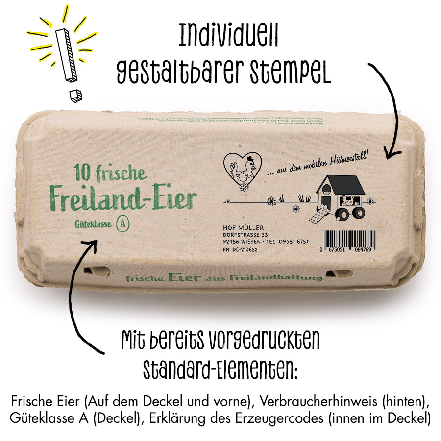 Stempel für Eierschachteln, 10er Ecopack "Individuell gestaltbarer Stempel, mit bereits vorgedruckten Standard-Elementen: Frische Eier (Auf dem Deckel und vorne), Verbraucherhinweis (hinten), Güteklasse A (Deckel), Erklärung des Erzeugercodes (innen im Deckel)" 