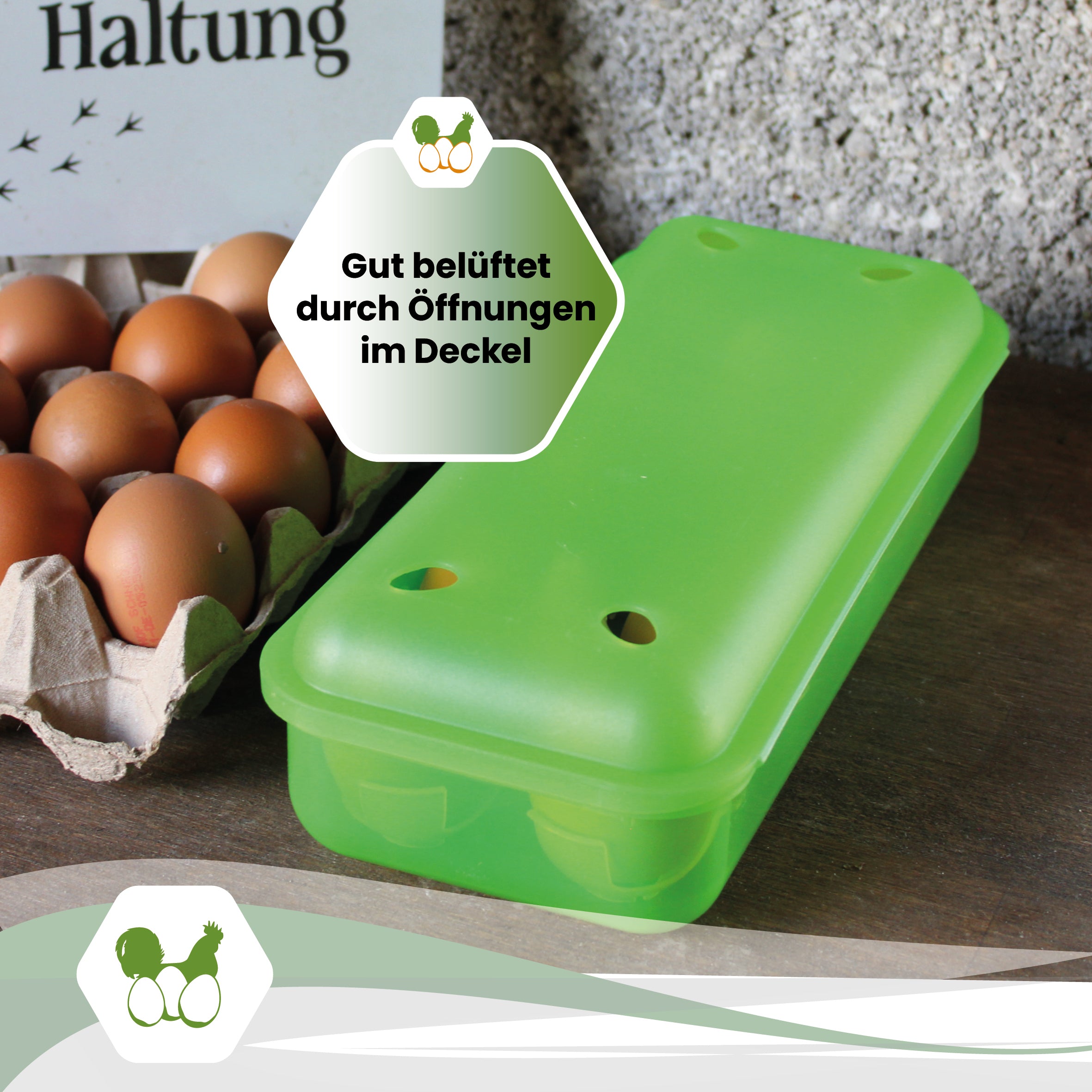 10er Meibox, grün "Gut belüftet durch Öffnungen im Deckel" 