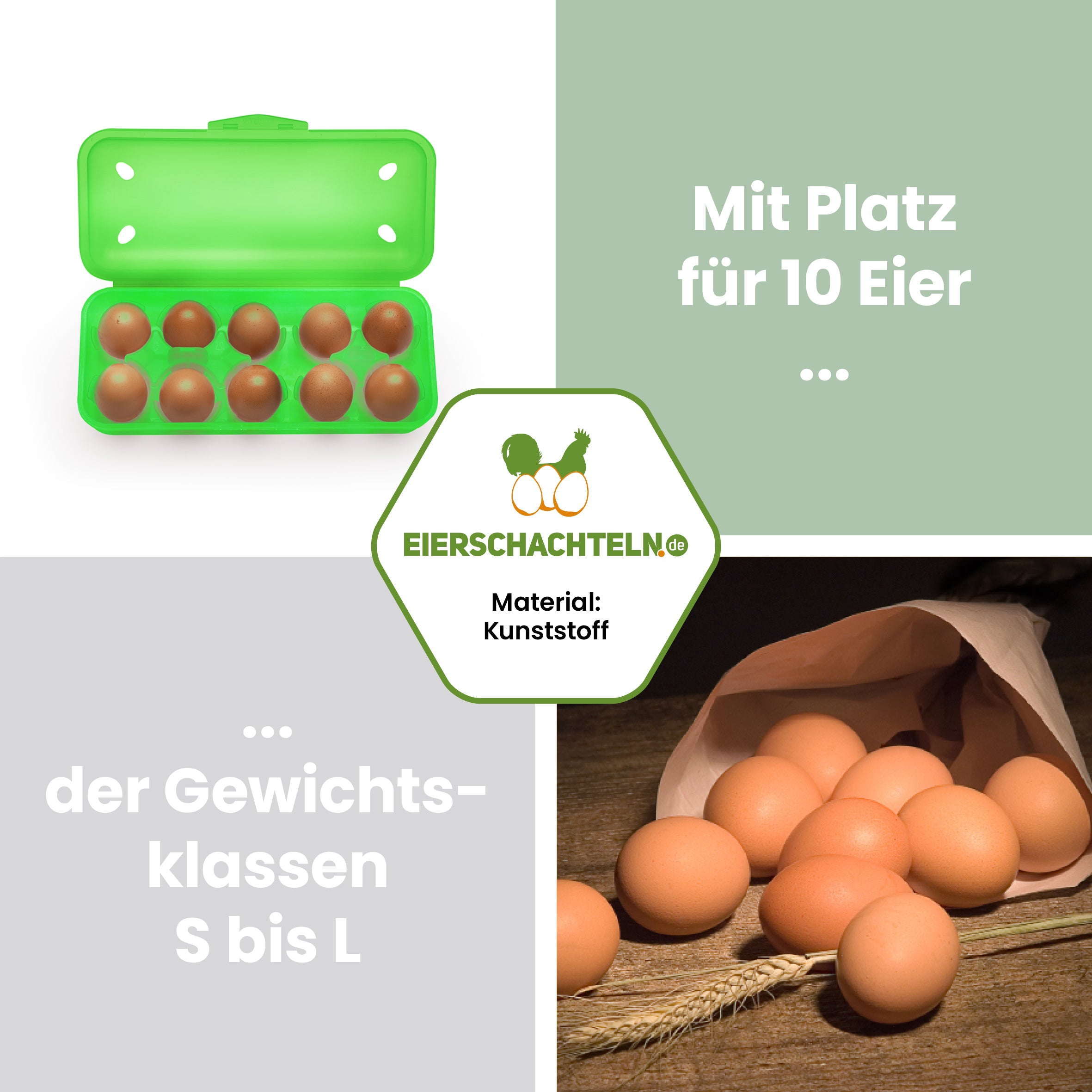 10er Meibox, grün "Mit Platz für 10 Eier der Gewichtsklassen S bis L"