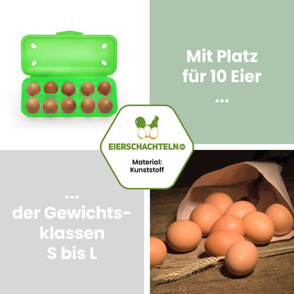 10er Meibox, grün "Mit Platz für 10 Eier der Gewichtsklassen S bis L"