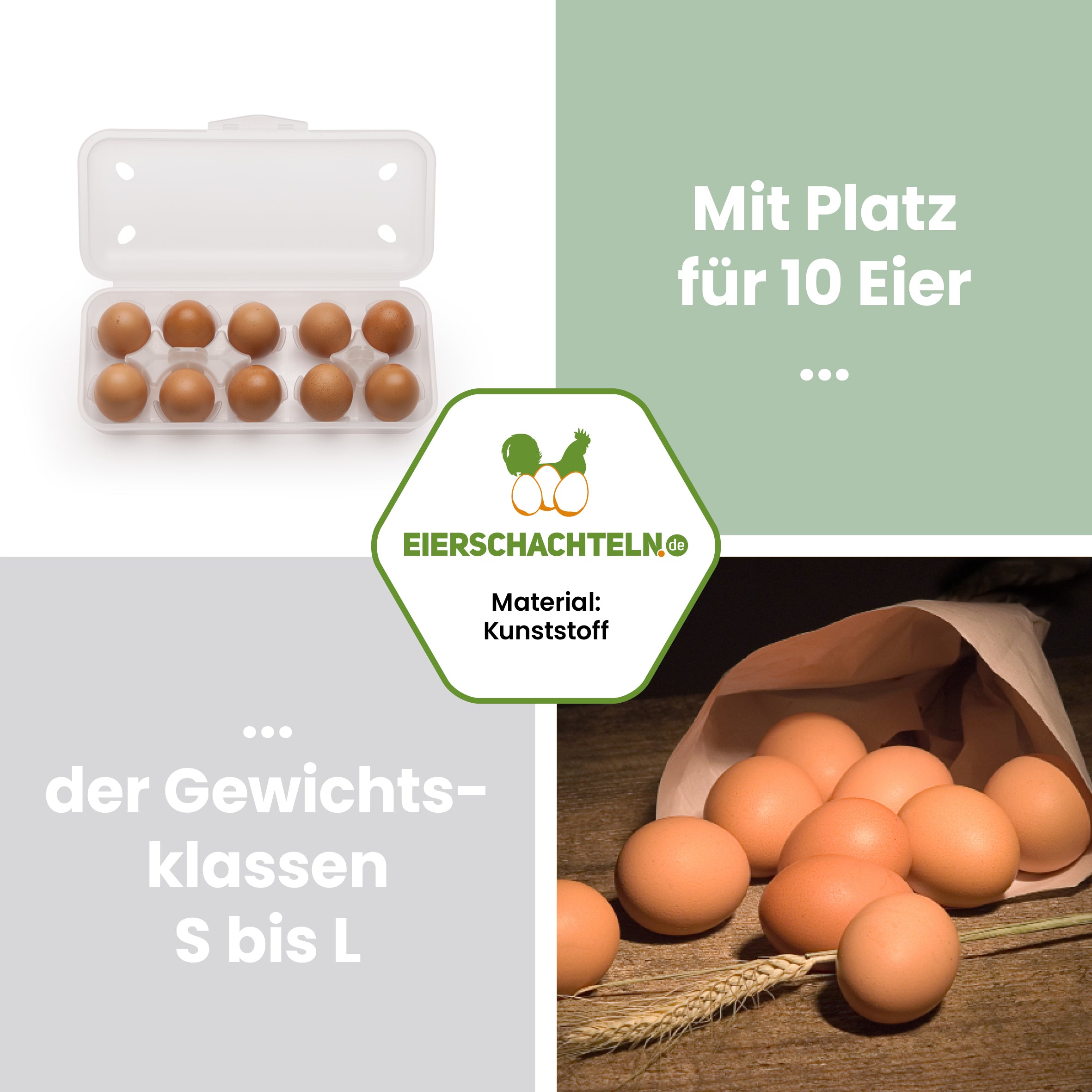 10er Meibox, transparent "Mit Platz für 10 Eier der Gewichtsklassen S bis L" 