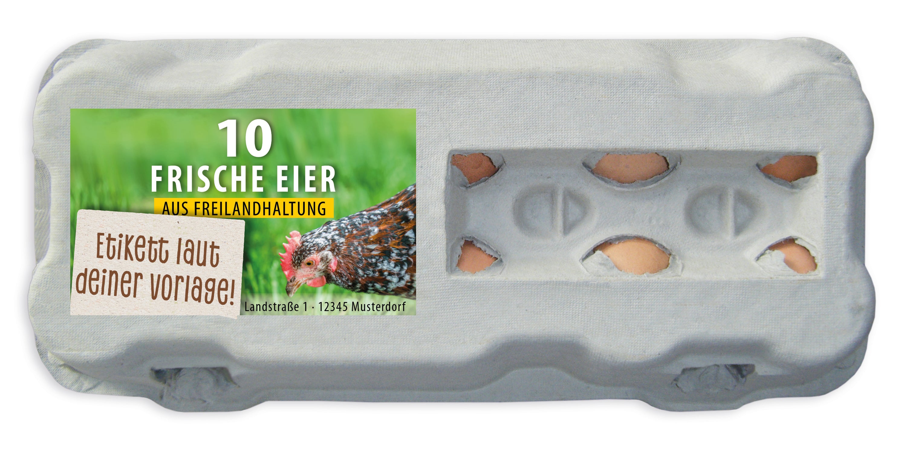 10er Eierschachtel-Etiketten laut deiner Druckvorlage (mit Sichtfenster)