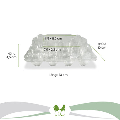 12er Wachteleierverpackung Maße: "Breite 10 cm x Länge 13 cm x Höhe 4,5 cm" Deckel: " 11,5 x 8,5 cm" Lasche: "7,0 x 2,2 cm"