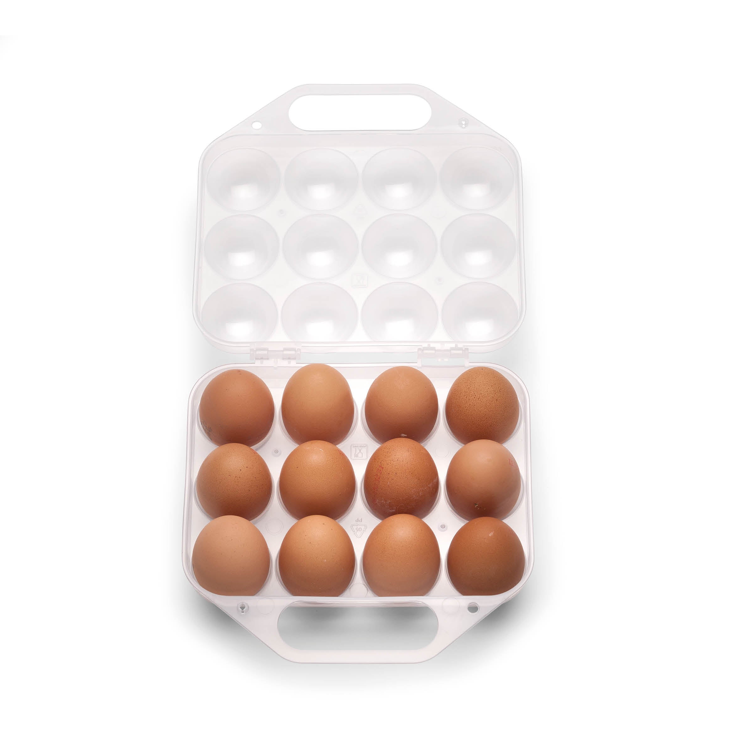 12er Mehrweg Kunststoff Eierbox, transparent mit Eiern 