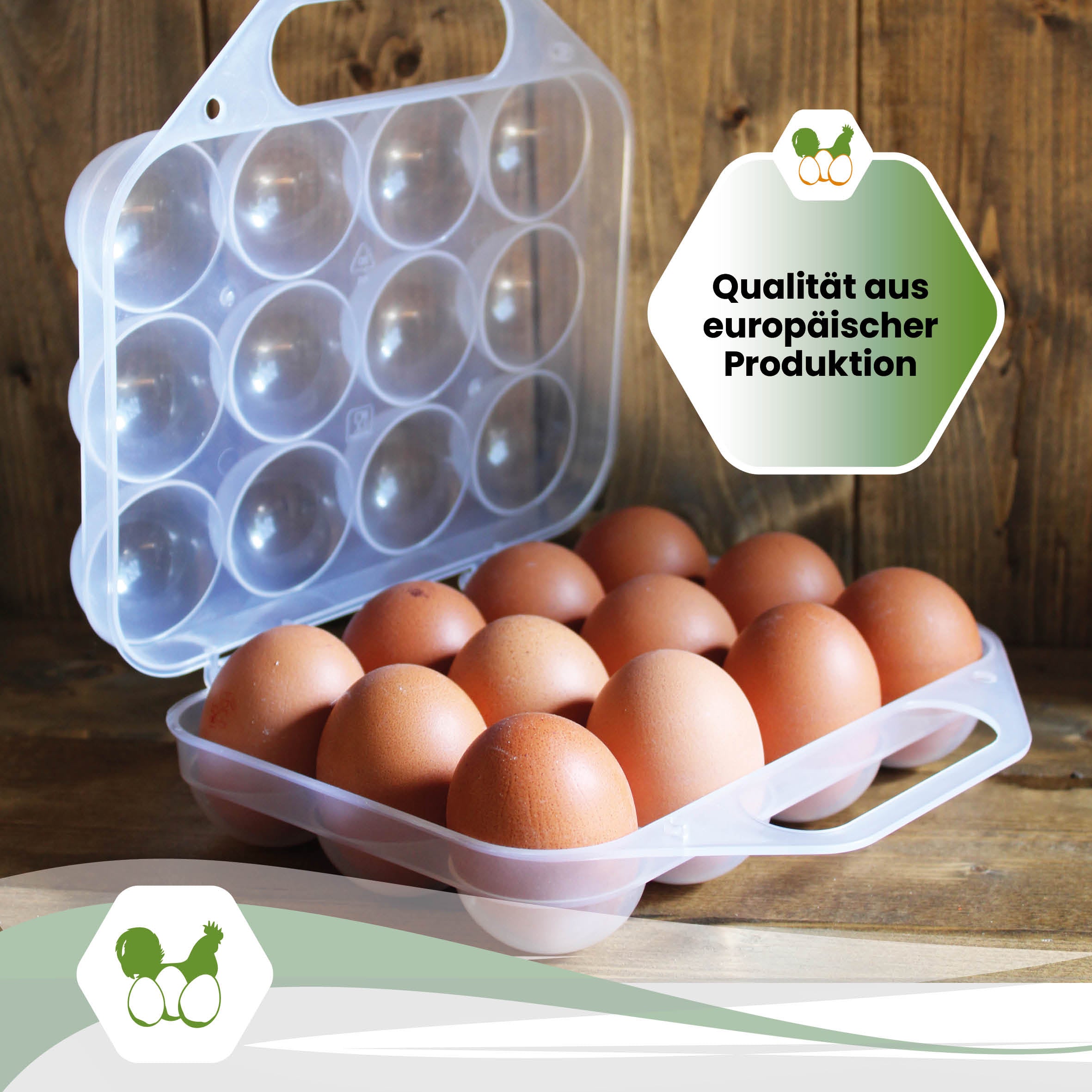 12er Mehrweg Kunststoff Eierbox "Qualität aus europäischer Produktion" 