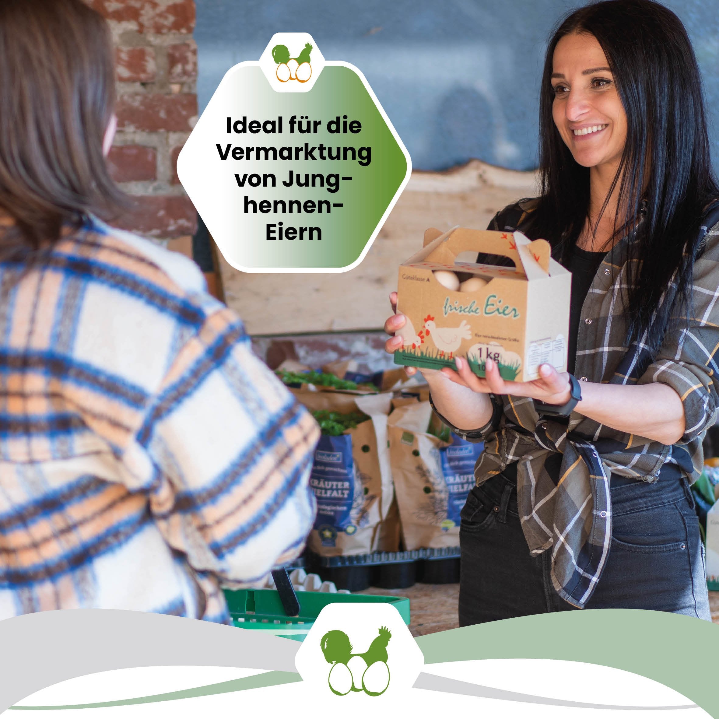 1 kg Eierbox mit Aufdruck "Ideal für die Vermarktung von Junghennen Eiern"