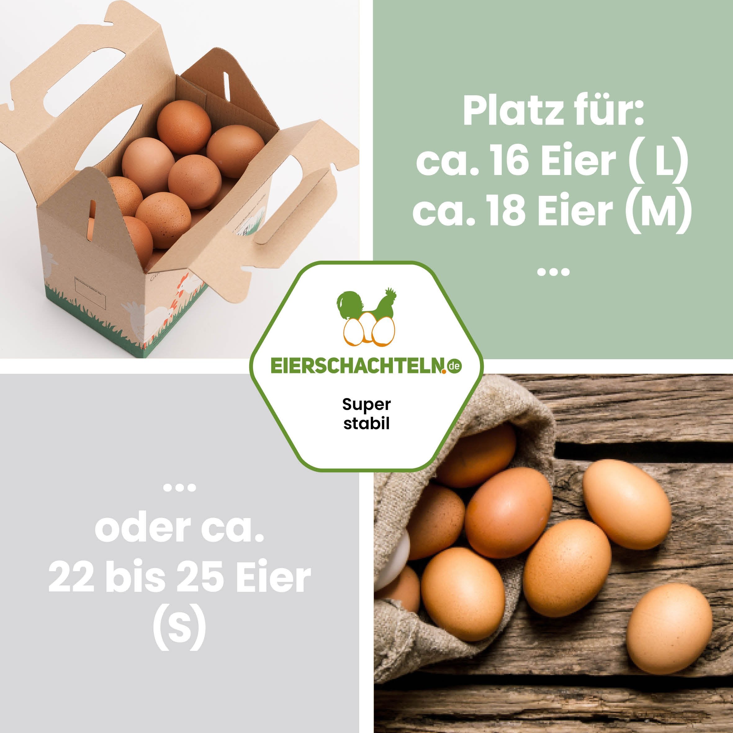 1 kg Eierbox mit Aufdruck "Platz für: ca. 16 Eier (L), ca. 18 Eier (M) oder ca. 22 bis 25 Eier (S)" 